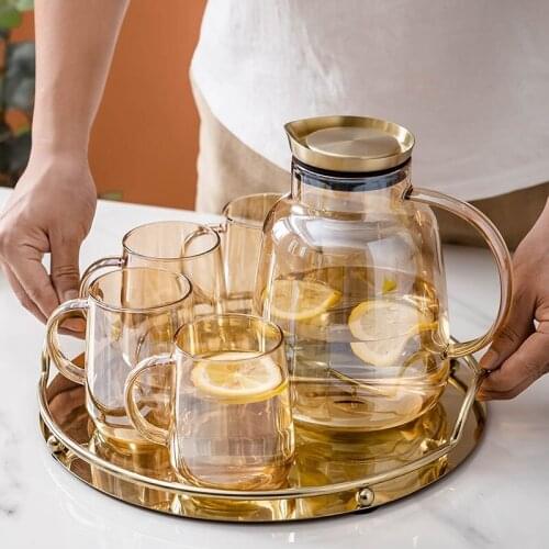 Nordic colorful glass water bottle set A pot of 4 cups with stainless steel tray Large-capacity juice coffee tea set