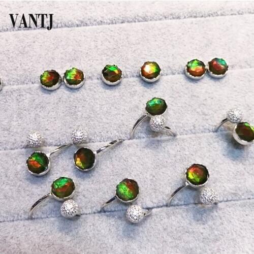 Real Natural Ammonite Jewelry Sets Sterling 925 Silver Gemstone Ammolite 8mm Ring and Earring for Woman Party Wedding Gift