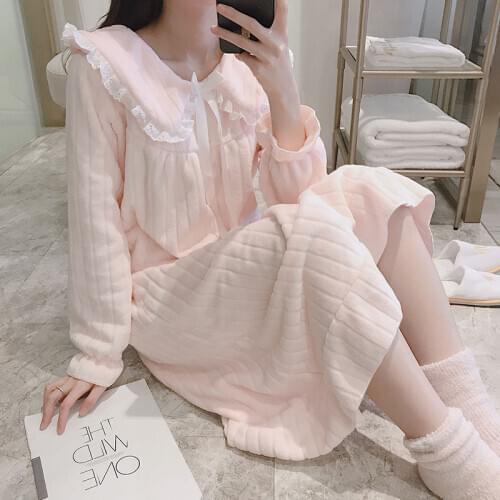 SOUGEN Autumn Pink Sleepwear Sweet Pajamas for Women Soft Flannel Loungewear Polo-neck Pijama Mujer Loose Womens Home Clothes