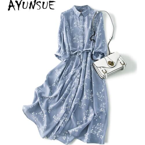 AYUNSUE Woman Dress Summer 2020 Floral 100% Silk Dress Female Elegant Shirt Dresses for Women Party Vestido De Mujer KJ5656