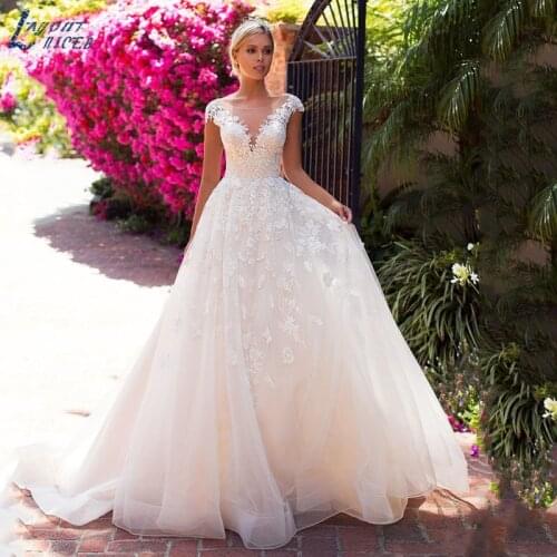 New Illusion Neckline A-Line Beach Wedding Dresses Appliques Backless Tulle Gowns Vestido Noiva Floor Length