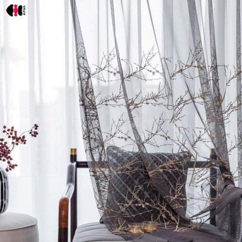 Countryside Style Sheer Curtains for Living Kids Room Grey Exquisite Flower Branch Embroidered Tulle Window Treatments