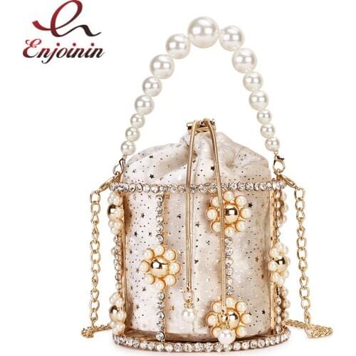 Luxury Fashion Pearl Flower Diamond Bucket Design Women Evening Bag Shoulder Bag Crossbody Purses and Handbags Girls Chain Bag
