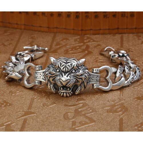 Heavy Real 925 Sterling Silver men mens power tiger Thai Punk Rock retro Link chain bangle Bracelet jewelry A4486