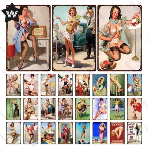 Vintage Lady Metal Sign Vogue Sexy Girl Wall Sticker Shabby Wall Art Metal Plaque Retro Style Tin Plaque for Man Cave Decoration
