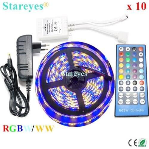 10 Sets RGBW RGBWW SMD 5050 5M Waterproof LED Strip flashlight RGB + White Tape + 40 key Remoter Controller +3A Power Adapter