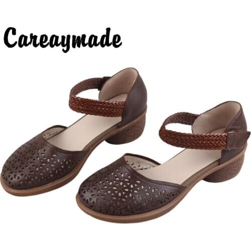 Careaymade-National style Retro Leather hollow hole sandals womens summer soft leather shoes middle heel shallow mouth sandals