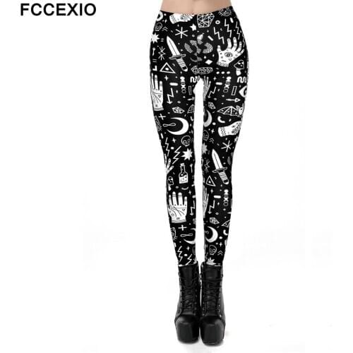 FCCEXIO New Women Fitness Workout Fashion Leggings Black Icon 3D Digital Print Push Up Women Elastic Force Sports Leggings