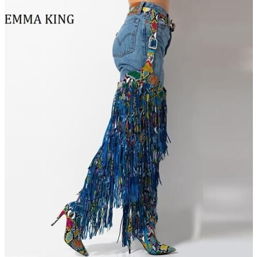 2021 Women Thigh High Belted Fringe Boots Sexy Women Over Knee Boots Faux Leather Stiletto High Heels Over Knee Chap Boots Shoes