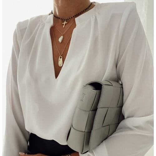 Women Sexy V Neck Chiffon Blouses Casual Lantern Sleeve Solid Office Tops Female 2020 New Fashion Elegant Oversized Shirt Autumn