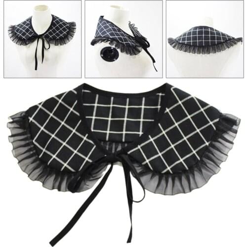 Women Girls Black Plaid Fake Collar Half Shirt Sweet Ruffles Lace Trim Big Shawl Wrap Necklace Lace-Up Bowknot Detachable Y1AC