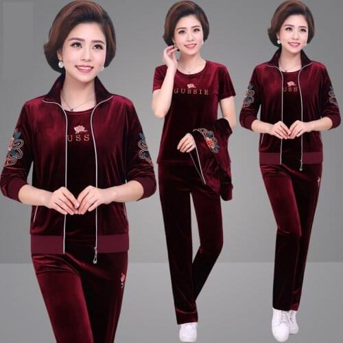 Large Size 5XL Three Piece Set Women Casual Moms Velvet Tracksuits Print T-short Coat And Pants Loose Sportswear jogging femme