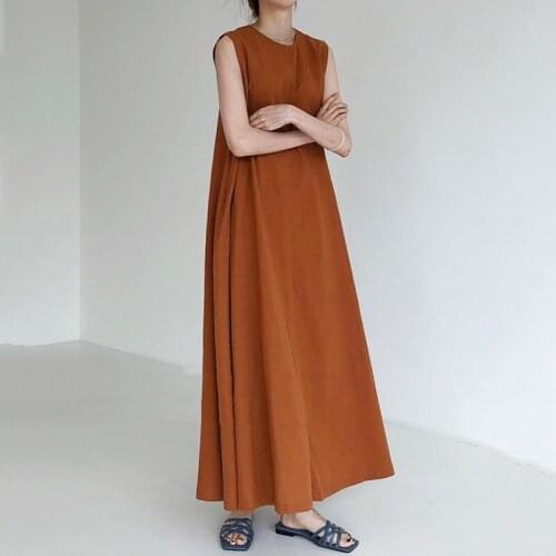Womens Spring Summer Korea Fashion Designer Brief Sleeveless Cotton Linen Long Dress Female Chic Casual Loose Dress TB789