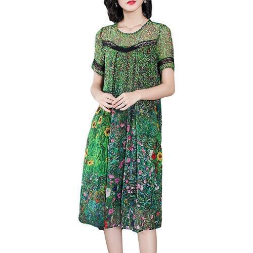 2019 New Female Vintage Peacock Green Silk Dresses Loose Floral Print Summer Dresses Lace Stitching Short Sleeve Women Dresses
