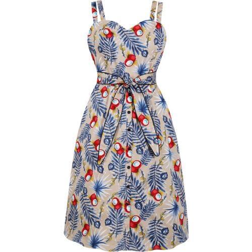 2019 Summer Women Retro Fruit Floral Print Tie Waist Sleeveless Dress Spaghetti Strap 50s Casual Rockabilly Party Vintage Dress