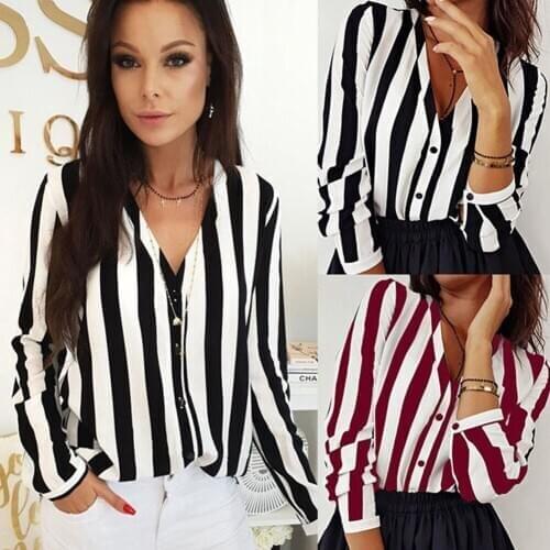 2021 Hirigin Spring And Autumn Korean Casual V-Neck Long-Sleeved WomenS Vertical Stripes Professional Shirt Slim Size Blusas