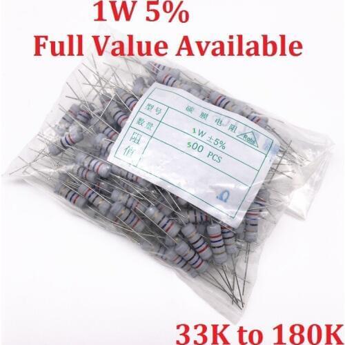 500PCS 1W Oxide Carbom Metal film Resistor 33K/36K/39K/43K/47K/51K/56K/62K/68K/75K/82K/91K/100K/120K/150K/180K/Ohm 5