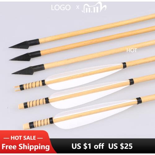 6/12 pcs Wood Arrows Archery Wooden Target Shaft Arrows with Traditional Arrow head Turkey Feather Fletching for Recurve Bow