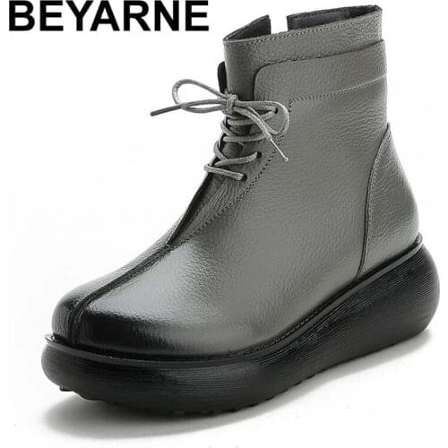 BEYARNE Winter Warm Flat Platform Boots Women Shoes Genuine Cow Leather 2020 Handmade Vintage Mid Heel 5CM Lace Up Ankle Boots