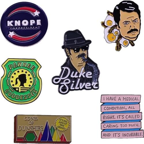 Parks and Recreation Pawnee Goddesses Enamel Pin Ron Swanson Dukes Jazz Brooch Knope for President Cones Board Game Badge