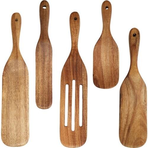 Slotted Spurtle Spatula Sets for Stirring Natural Teak Kitchen Utensil Set Heat Resistant Non Stick Wood Cookware