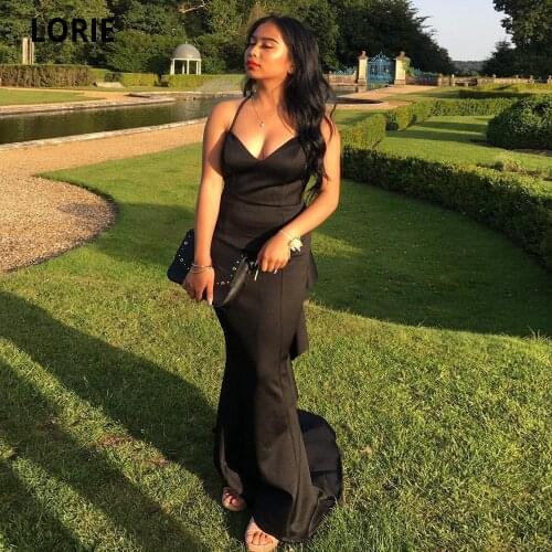 LORIE Black Satin Prom Dresses Mermiad Sexy V-neck Spaghetti Strap Formal Evening Gown Long Plus Size Simple Floor Length Dress
