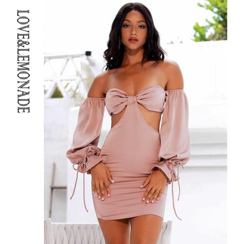 LOVE&LEMONADE Sexy Nude Tube Top Lantern Long Sleeve Waist Cut Out Slim Satin Mini Dress AD02901
