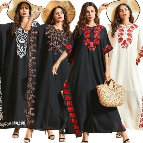 Ethnic Boho Maxi Dress Abaya Women Muslim Bat Sleeve Kaftan Embroidery Jilbab Islamic Loose Casual Long Robes Clothing Ramadan