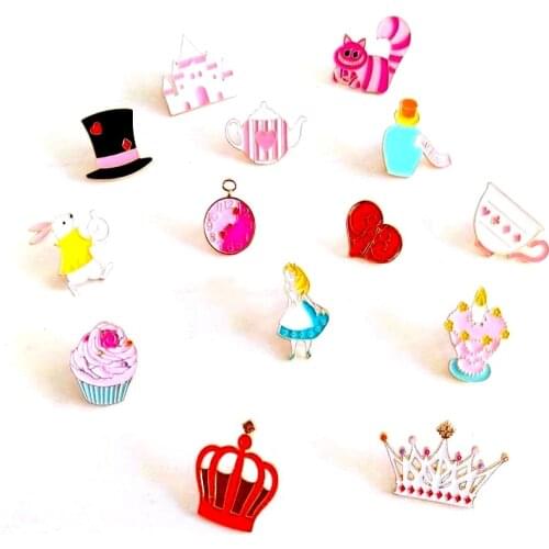 Free shipping 10pcs/ lot metal Alice in Wonderland series cat rabbit clock crown enamel badge brooch pin