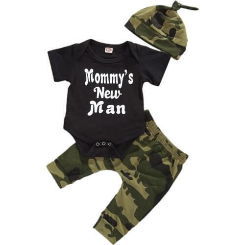 Fashion Infant Baby Boys Summer Camouflage Outfits Suits Short Sleeve Letter Romper Top + Long Pant + Beanie Cap 3PCS Set