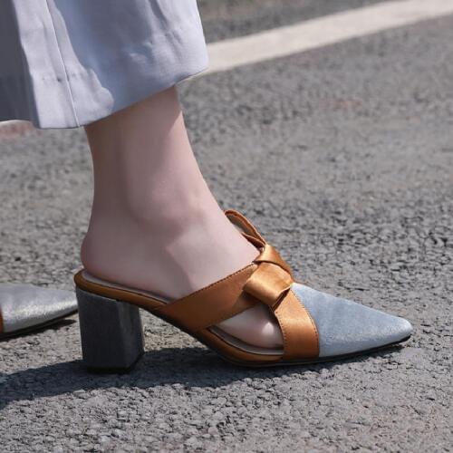 Deification Fashion Silk Butterfly-Knot Slippers 6cm Square High Heels Woman Shoes Mixed Colors Patchwork Women Slippers Mules