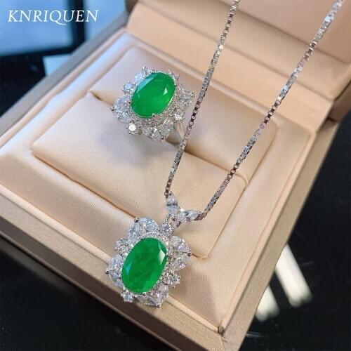 Vintage 100% Silver Sterling Oval Created Emerald Gemstone Pendant/Necklace/Ring Set Wedding Engagement Fine Jewelry for Women