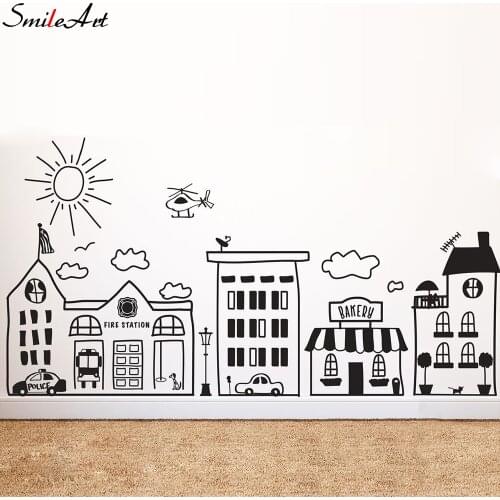 2020 New Doodled Town Skyline Wall Sticker Vinyl City Decal for Kids Rooms Play room Bedroom Day Cares Libraries Super Hero