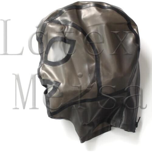 Novelty transparent black color fetish latex hoods open eyes nostrils and mouth and decorative with black trim for adults