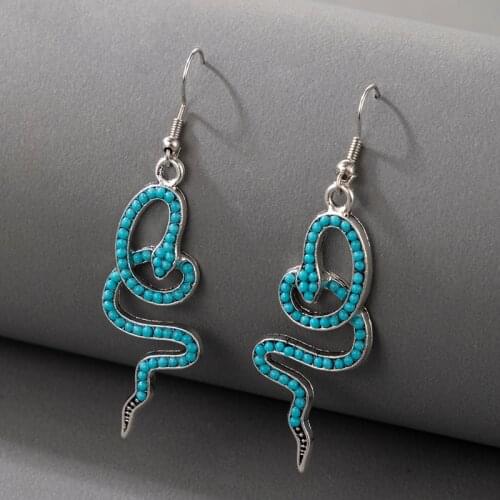 Docona Bohemia Beeded Stone Snake Drop Dangel Earrings for Women Charms Silver Color Animal Earring Cheap Jewelry Drop Shipping