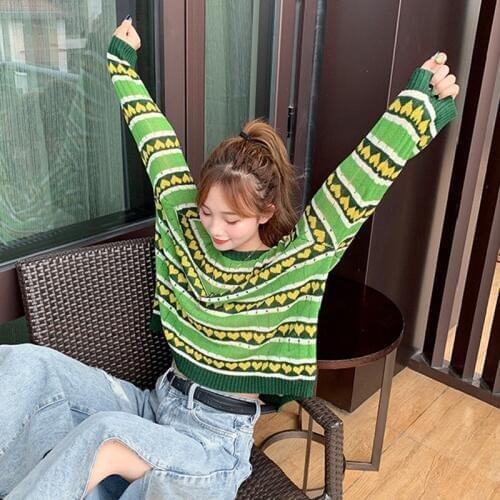 Korean O Neck Women Sweater Fashion Heart Printed Striped Jumper Sweaters Female Autumn Long Sleeve Casual Knit Pullovers