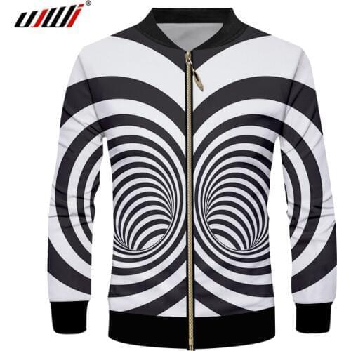 UJWI Mens New Trend Dizzy Stripes Zip Jacket 3D Printed Creative Black White Stitching Vortex Man Spandex Clothing