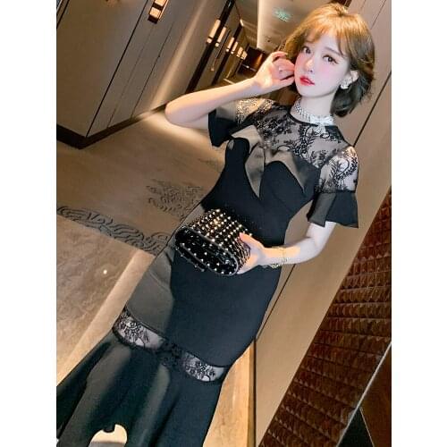 Top Quality Lace mesh stitching lotus lace fishtail dress womens summer new