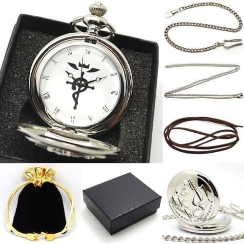 YISUYA Vintage Fullmetal Alchemist Pocket Watch Men Silver/ Black Steampunk Quartz PocketWatch Necklace Bag Box Set P421CKWB