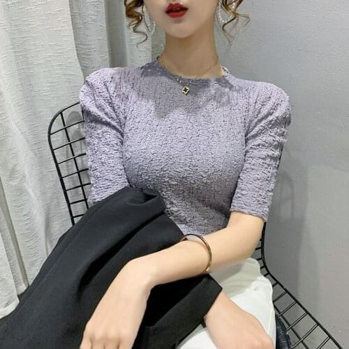 Summer Cotton Womens T-Shirts Short Sleeves Solid Color Women Pleated T shirt for Female Tops Woman Half high collar