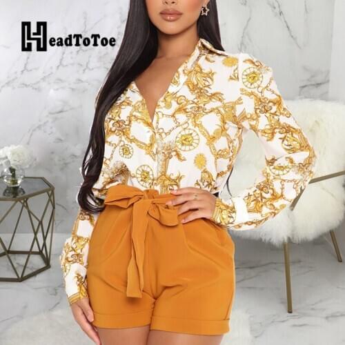 Chain Print Button Elegant Fashion Tops Women Full Sleeve Turn Down Collar Skinny Shirts Women