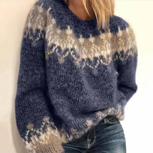 Women Elegant O-Neck Knitted Sweater Autumn Vintage Patchwork Long Sleeve Tops Jumpers Winter Thick Warm Loose Pullover Sweaters