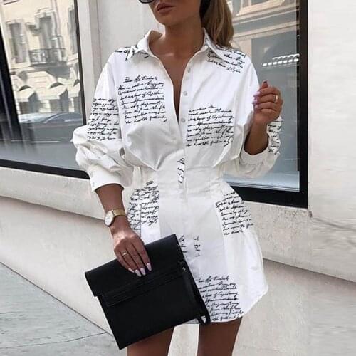 Hirigin Office Lady Letters Print Tight Waist Shirt Dress For Women Autumn Long Sleeve mini Dress Turn Down Collar Button Dress