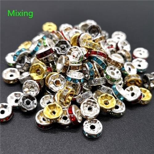 5/8/10mm 50pcs Color Mixing Rhinestone Rondelles Loose Spacer Beads Metal Crystal Beads for Jewelry Making DIY Accessories