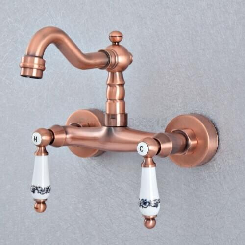 Antique Red Copper Wall Mounted Swivel Spout Vessel Vanity Faucets Dual Ceramic Lever Cold & Hot Water Mixer Bathroom Tap tsf907