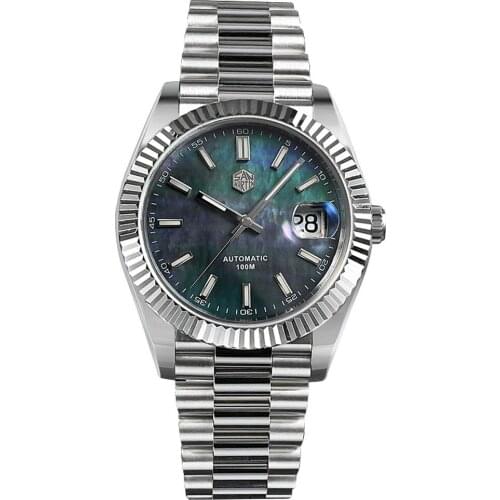 San Martin Men Automatic Watch Luxury Mens Watches Retro MOP Dial Mechanical Wristwatch Sapphire 100M Waterproof BGW-9 Luminous