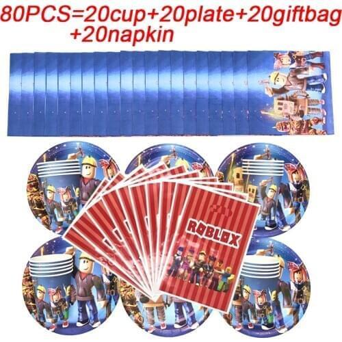 Kids Birthday Gift Bags Robloxs Theme Party Supplies Paper Plate Cup Plates Napkin Baby Shower Disposable Tableware Set 80PCS