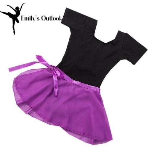 Kids Girls Team Basic Ballet Tutu Dress Dancewear Cotton Short Sleeve Leotard With Chiffon Wrap Skirt