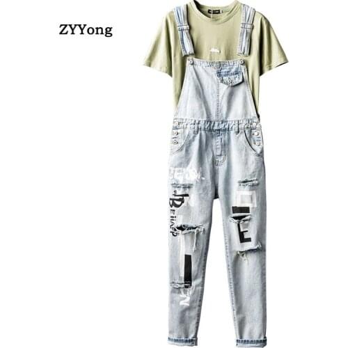 Fahsion Men Ripped Jeans Bib Overalls Multi-Pocket Hip Hop Hole Letter Denim Jumpsuits Trousers Light Blue Leisure Freight Pants
