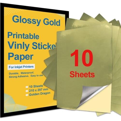 10 Sheets High Glossy Gold A4 Vinyl Sticker Printable Paper Self Adhesive A4 Paper PET Labels Sticker for Inkjet Printer DIY
